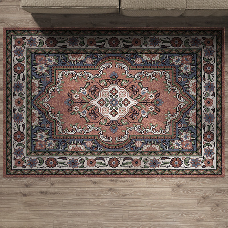 Wine Red Pattern Carpet Polyester Vintage Carpet Stain Resistant Carpet for Living Room