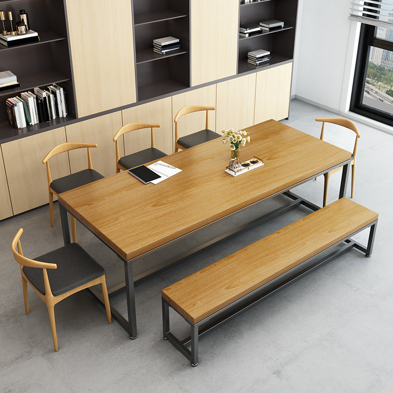 Rectangle Trestle Base Industrial Dining Table Solid Wood Fixed Table