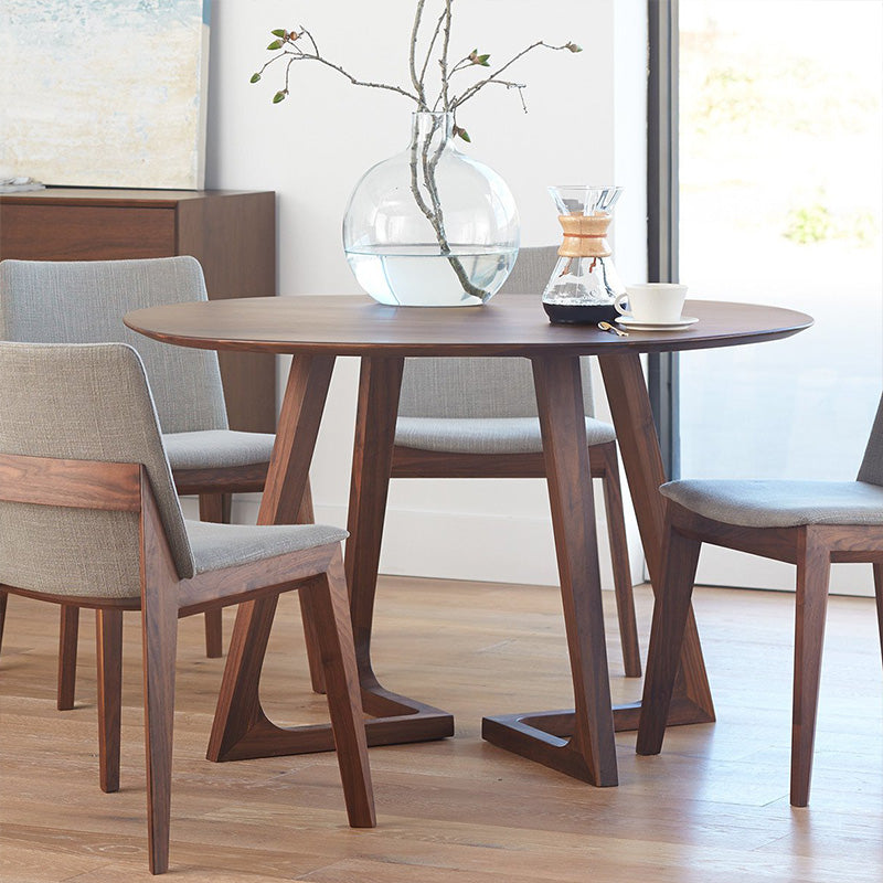 Mesa de comedor moderna moderna mesa de madera maciza marrón con base de pedestal doble