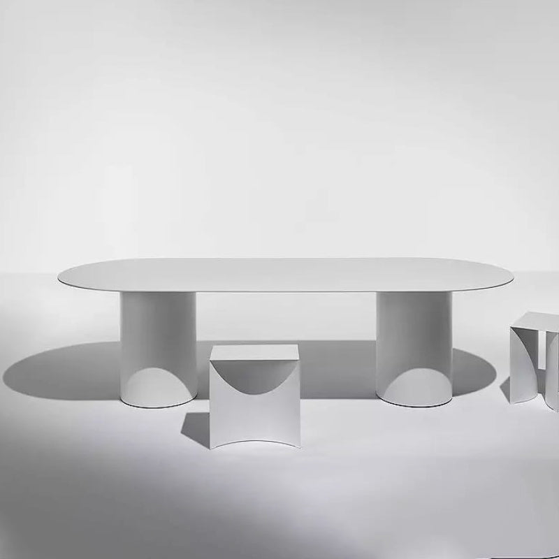 Oval Modern Dining Table Solid Wood Fixed Table with Double Pedestal Base