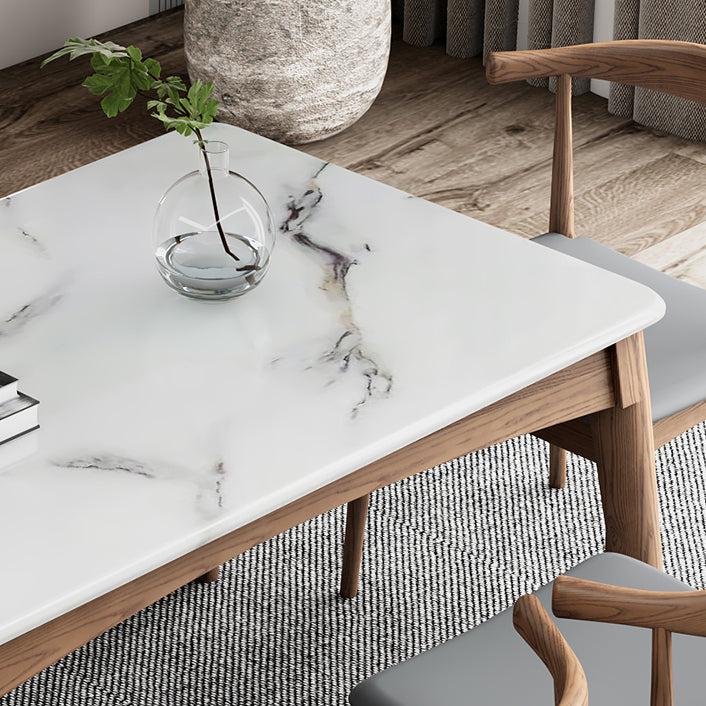 Medieval Modern Sintered Stone Table Kitchen Rectangle White Top Table with 4 Wood Legs