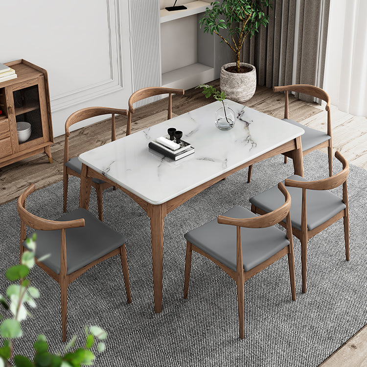 Medieval Modern Sintered Stone Table Kitchen Rectangle White Top Table with 4 Wood Legs