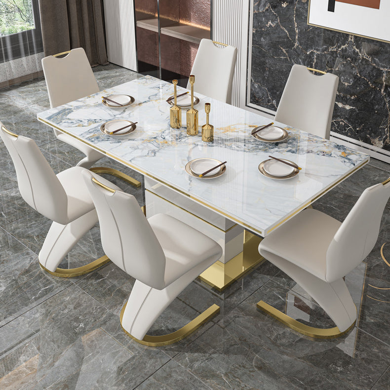 Luxury Sintered Stone Top Dining Table White Rectangle Table with Metal Pedestal Base