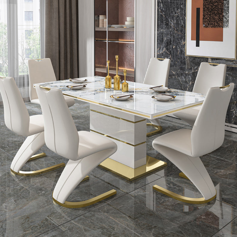 Luxury Sintered Stone Top Dining Table White Rectangle Table with Metal Pedestal Base