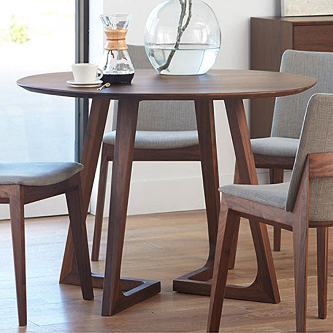 Round Casual Dining Table Brown Tone Fixed Table with Double Pedestal Base