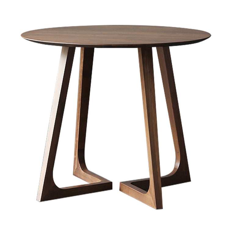 Round Casual Dining Table Brown Tone Fixed Table with Double Pedestal Base