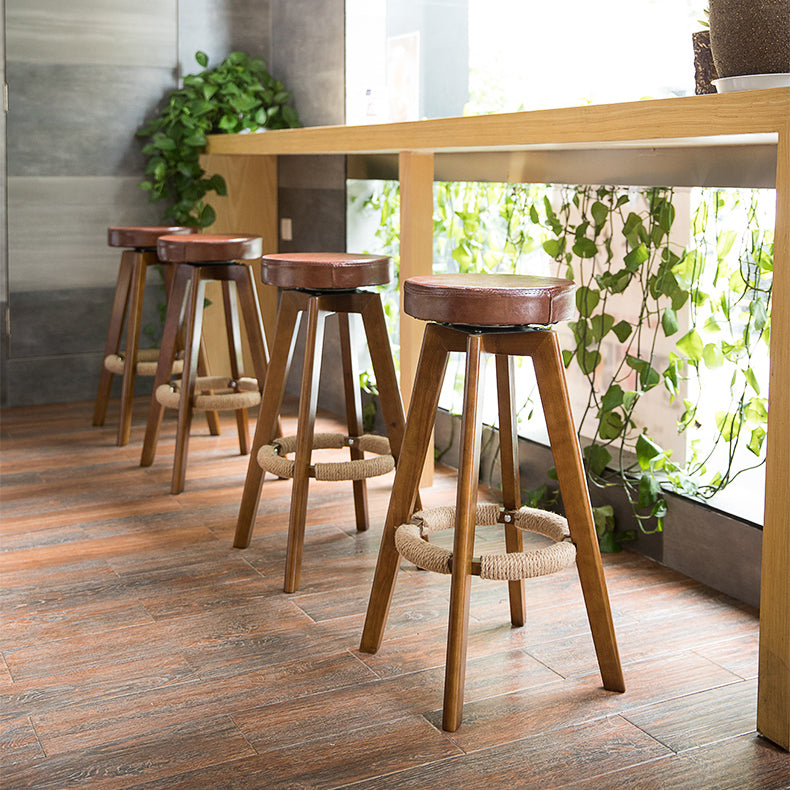 Modern Counter Bar Stool Armless Leather Bar Stool with Footrest and Swivel, Wood Base