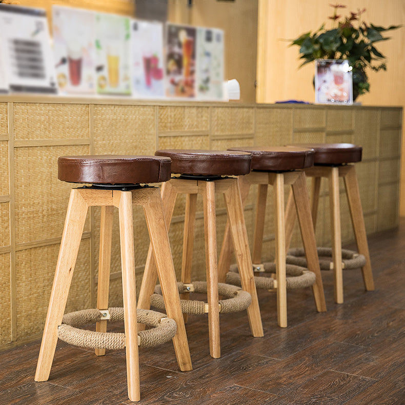 Modern Counter Bar Stool Armless Leather Bar Stool with Footrest and Swivel, Wood Base