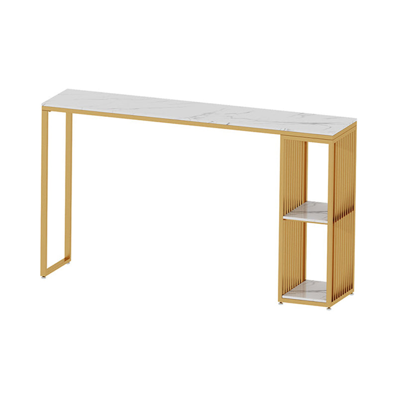 Glam Rectangle Faux Marble Bistro Table Iron Double Pedestal Bar Dining Table with 2-Shelf