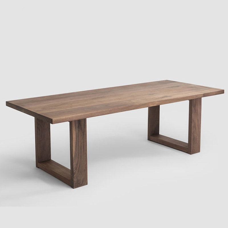 Mesa de comedor de madera maciza industrial mesa rectángulo en marrón con base de pedestal doble