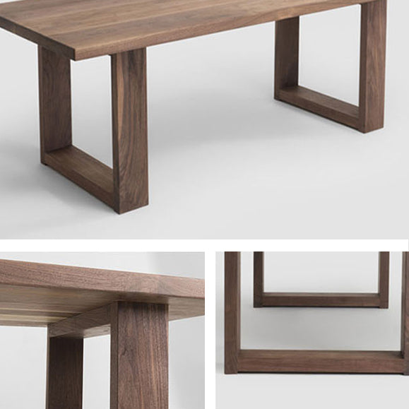 Mesa de comedor de madera maciza industrial mesa rectángulo en marrón con base de pedestal doble