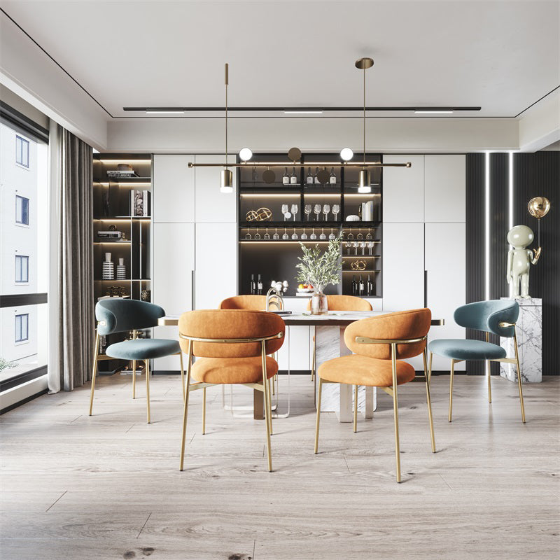 Silla lateral tapizada escandinava para restaurante, silla de comedor con parte trasera abierta y acabado mate
