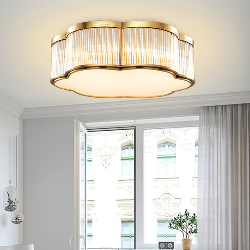 Simplistic Floral Flush Mount Light Fixture Glass Ceiling Mount Lighting in Brass