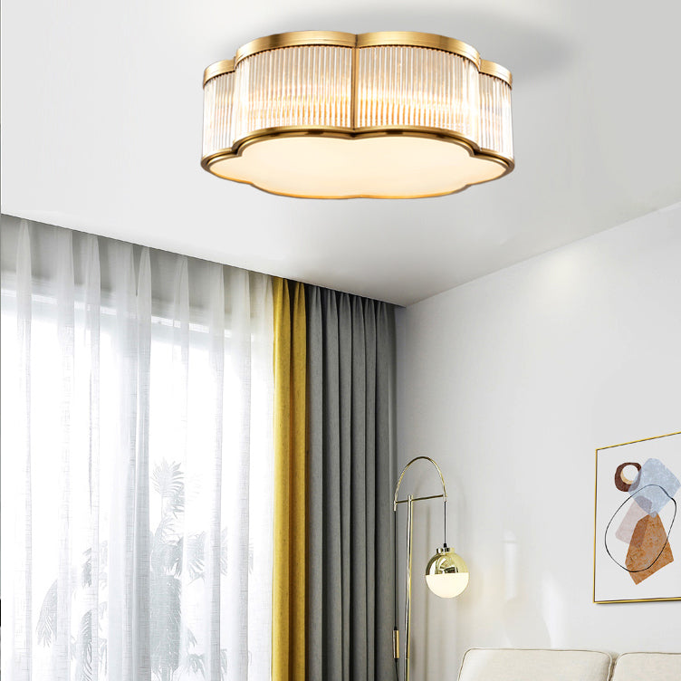 Simplistic Floral Flush Mount Light Fixture Glass Ceiling Mount Lighting in Brass