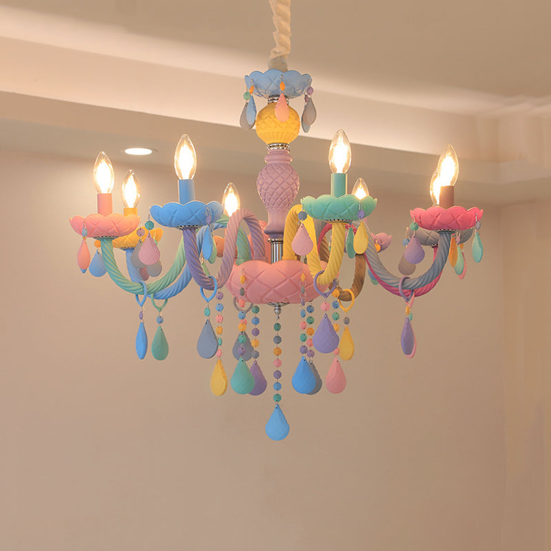 Girl Bedroom Candle Pendant Light Multi-Color Glass Macaron Chandelier