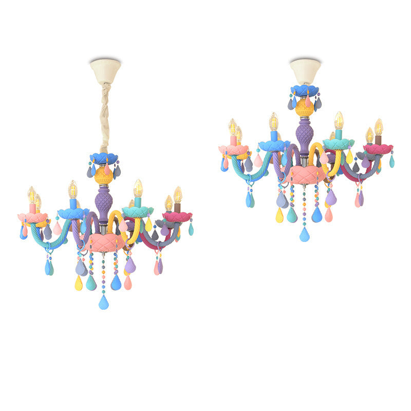Girl Bedroom Candle Pendant Light Multi-Color Glass Macaron Chandelier