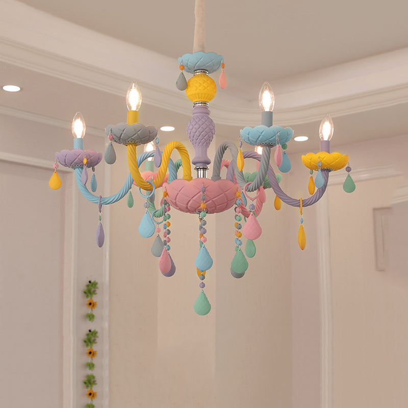 Girl Bedroom Candle Pendant Light Multi-Color Glass Macaron Chandelier