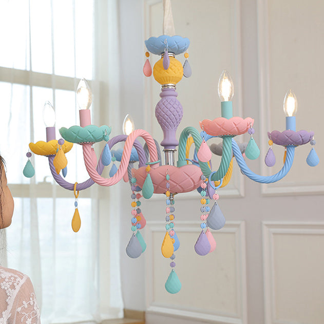 Girl Bedroom Candle Pendant Light Multi-Color Glass Macaron Chandelier