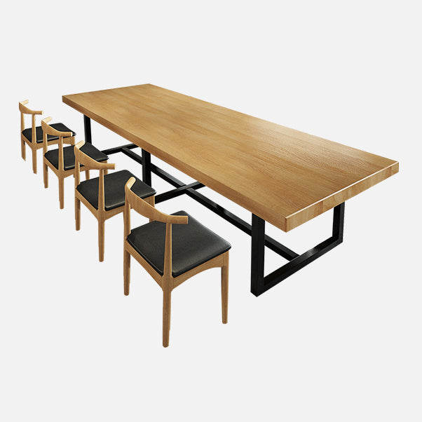 Mesa de comedor rectangular industrial de metal, mesa superior de madera maciza de pino con base de caballete