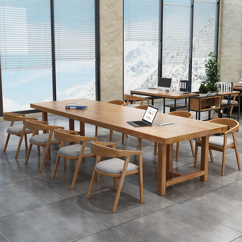 Solid Wood Contemporary Rectangular Dining Table Wood Top Table with Double Pedestal base