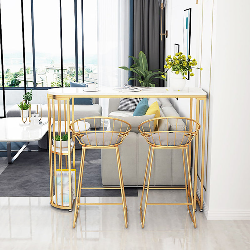 Glam White Faux Marble Pub Bar Table Gold Iron Double Pedestal Bar Dining Table with Shelf