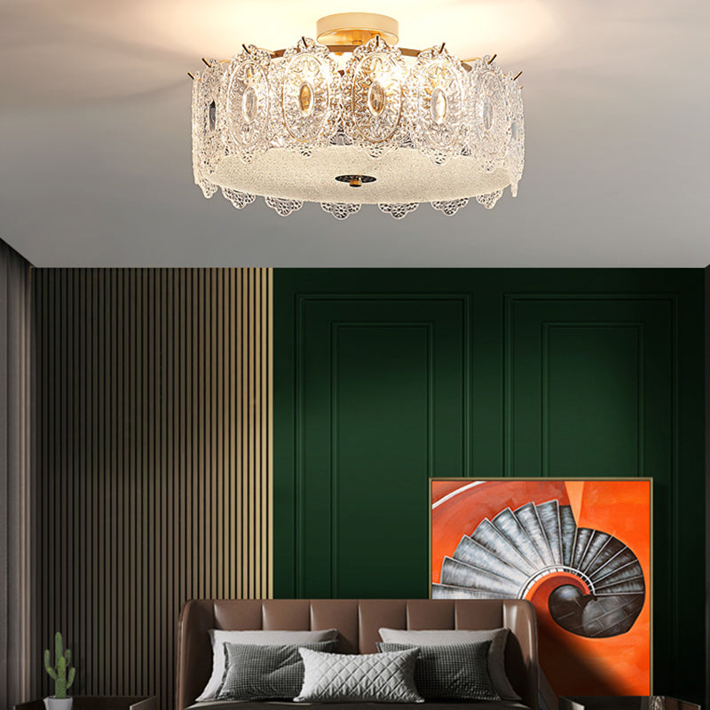 Drum Semi Flush Mount Lamp Glass Minimalist Style Ceiling Mount Light in Gold for Bedroom