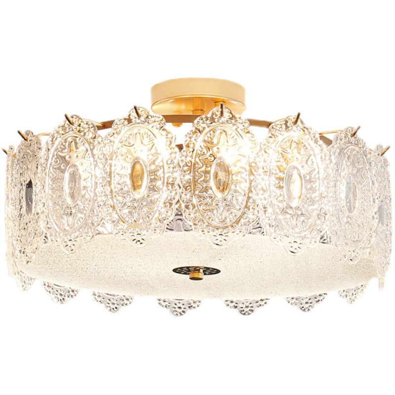 Drum Semi Flush Mount Lamp Glass Minimalist Style Ceiling Mount Light in Gold for Bedroom