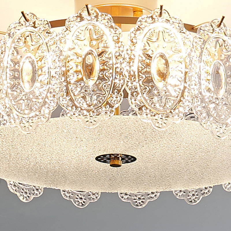 Drum Semi Flush Mount Lamp Glass Minimalist Style Ceiling Mount Light in Gold for Bedroom