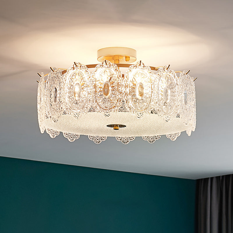 Drum Semi Flush Mount Lamp Glass Minimalist Style Ceiling Mount Light in Gold for Bedroom