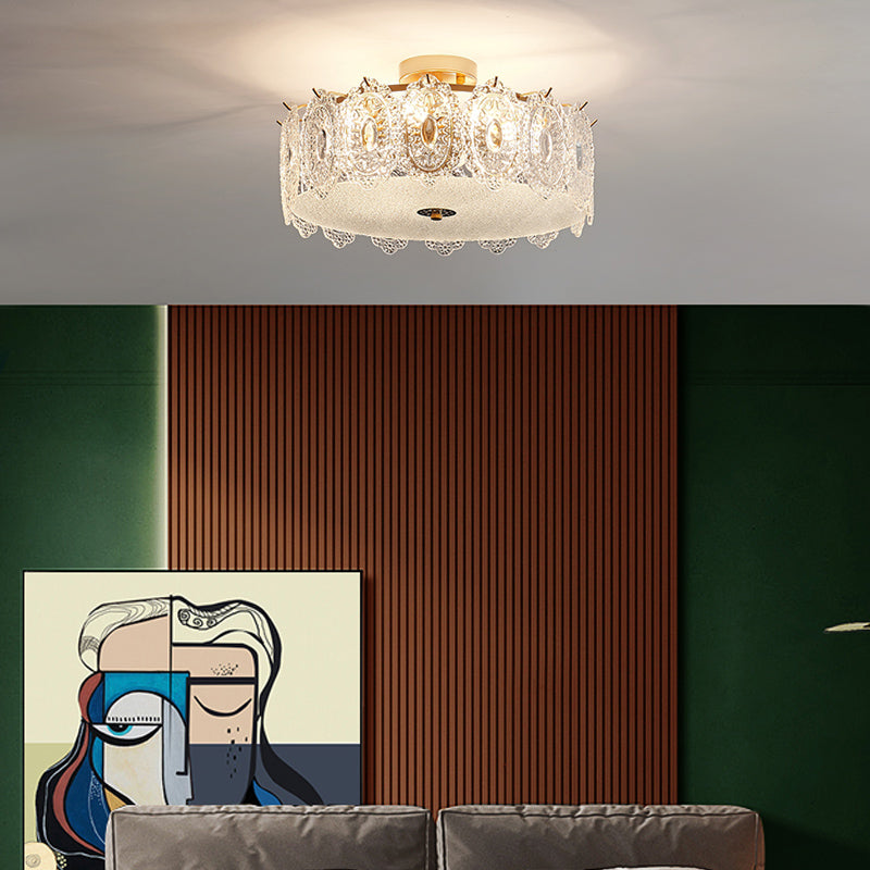 Drum Semi Flush Mount Lamp Glass Minimalist Style Ceiling Mount Light in Gold for Bedroom