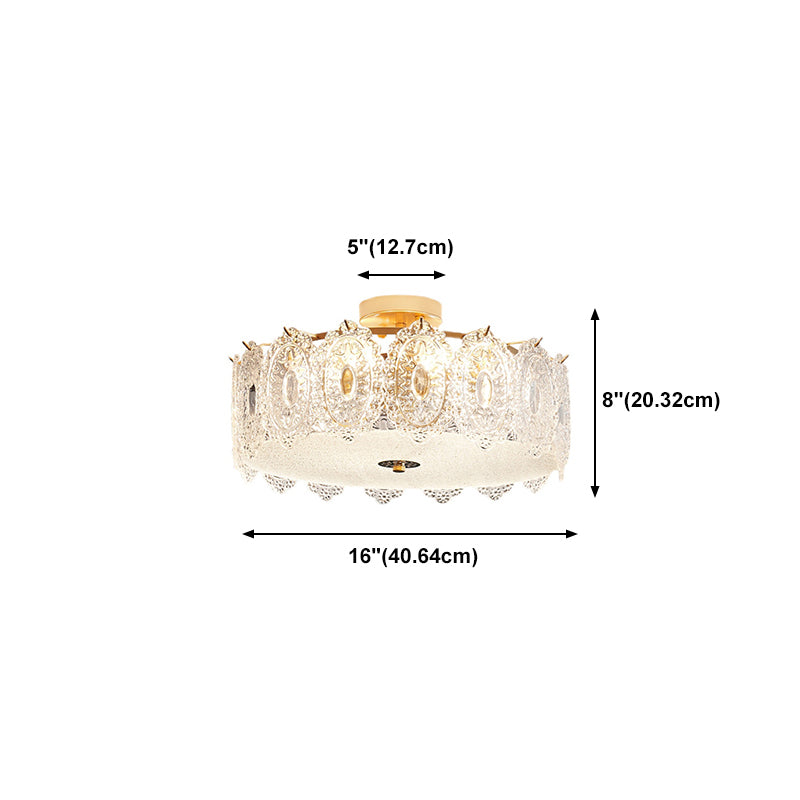 Drum Semi Flush Mount Lamp Glass Minimalist Style Ceiling Mount Light in Gold for Bedroom