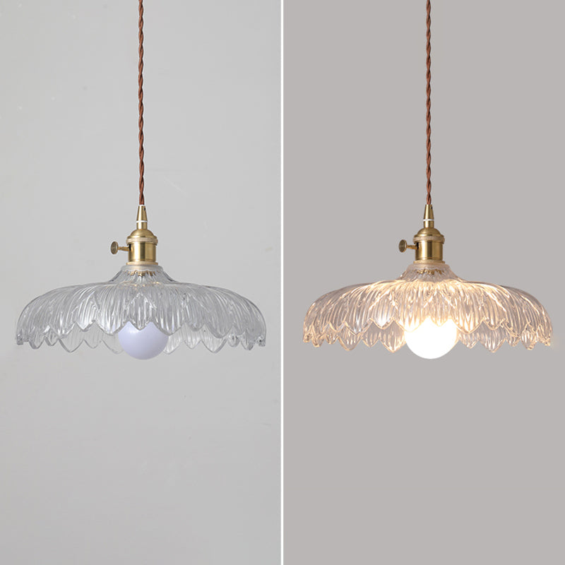 1-Light Drop Lamp Vintage Brass Glass Shaded Restaurant Suspension Pendant Light