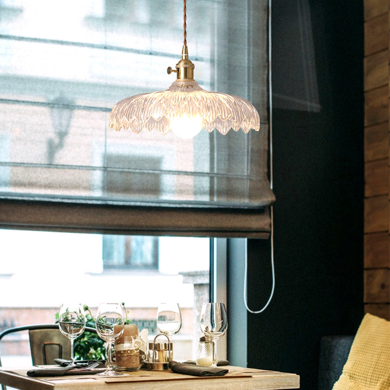 1-Light Drop Lamp Vintage Brass Glass Shaded Restaurant Suspension Pendant Light
