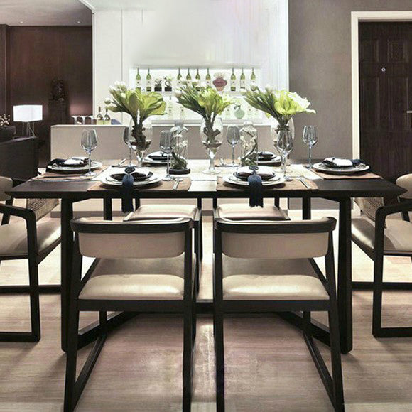 Rectangle Black Industrial Dining Table Pine Solid Wood Table with Trestle Base