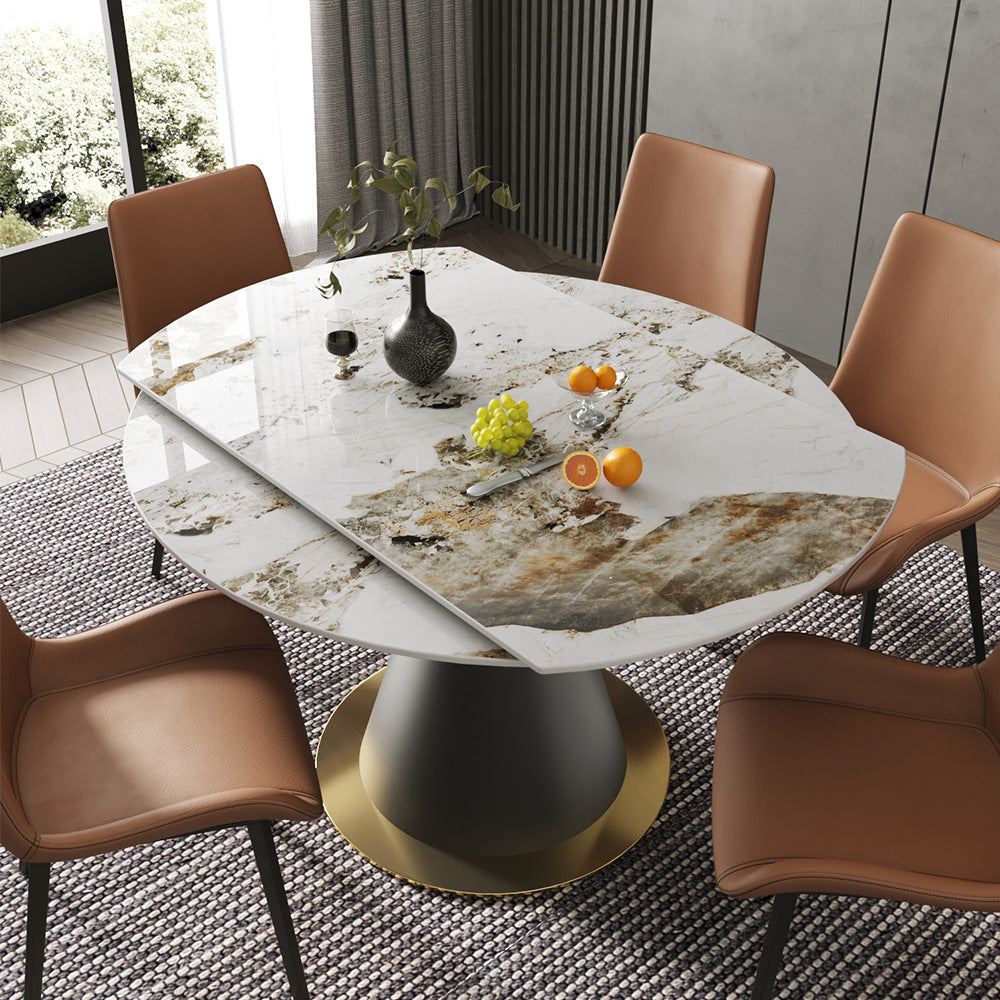 Table à manger de luxe traditionnelle rond Table de piédestal en pierre fritrée avec base en métal