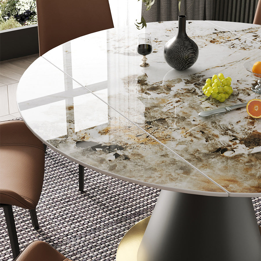 Table à manger de luxe traditionnelle rond Table de piédestal en pierre fritrée avec base en métal