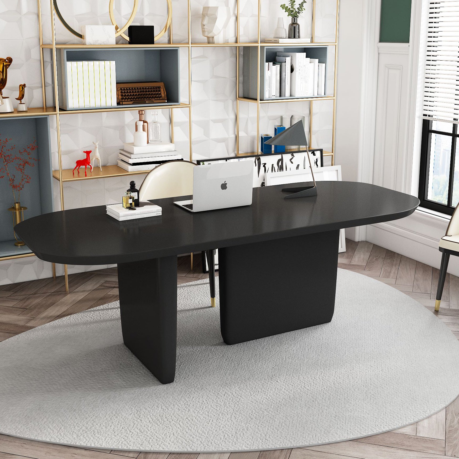 Mesa de comedor de madera maciza rectángulo mesa moderna con base de pedestal doble