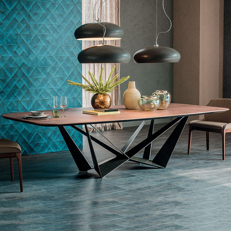 Industrial Solid Wood Table Kitchen Rectangle Dining Table with Black Metal Pedestal Base
