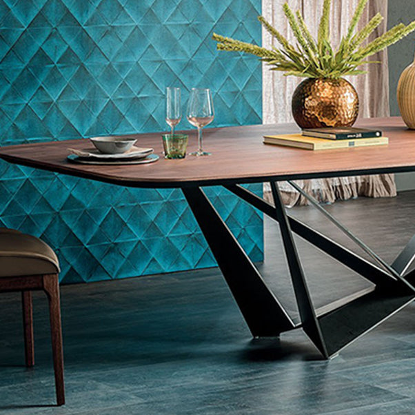 Industrial Solid Wood Table Kitchen Rectangle Dining Table with Black Metal Pedestal Base