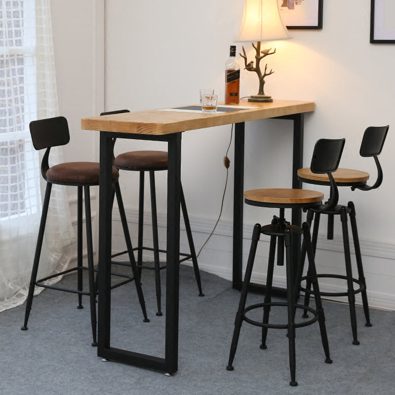 Light Brown Modern Style Bar Table Solid Wood Bar Table with Metal Base