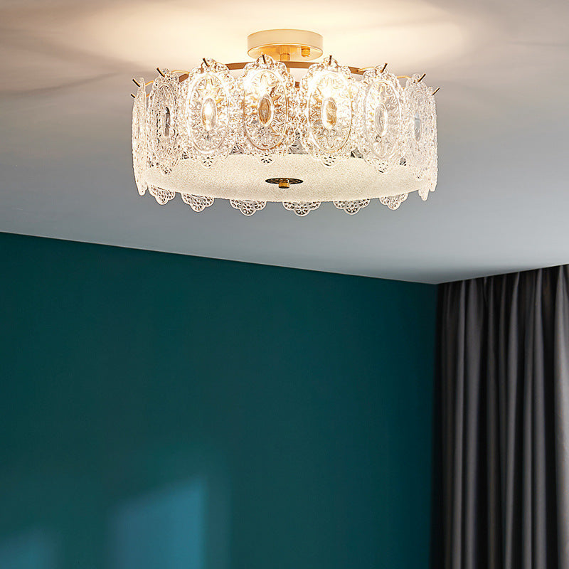 Simple-Style Semi Flush Mount Light Gold Drum Ceiling Mount Lighting with Glass Shade