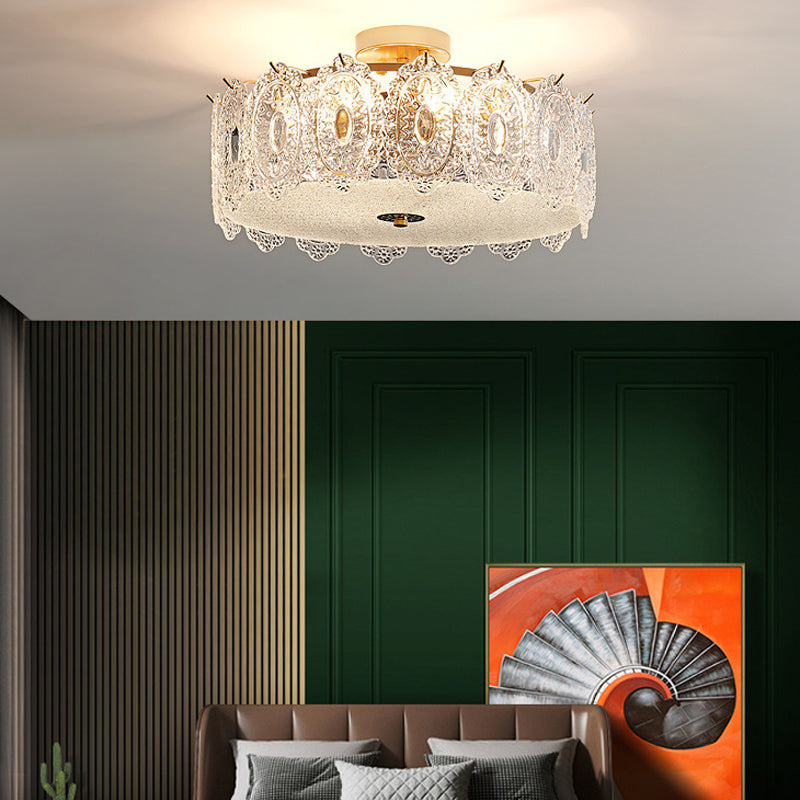 Simple-Style Semi Flush Mount Light Gold Drum Ceiling Mount Lighting with Glass Shade