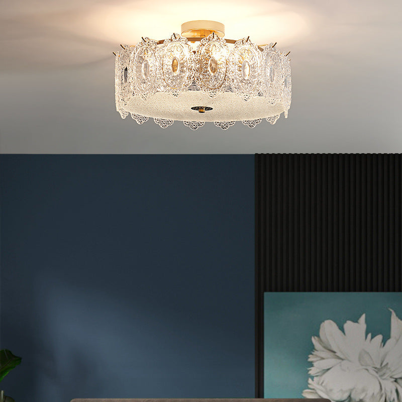 Simple-Style Semi Flush Mount Light Gold Drum Ceiling Mount Lighting with Glass Shade