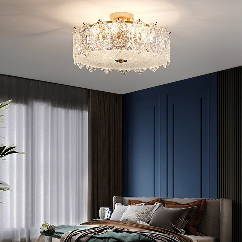 Simple-Style Semi Flush Mount Light Gold Drum Ceiling Mount Lighting with Glass Shade