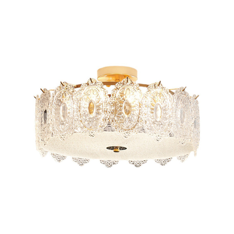 Simple-Style Semi Flush Mount Light Gold Drum Ceiling Mount Lighting with Glass Shade