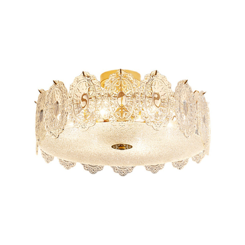 Luminaire semi-encastré de style simple, éclairage de plafond à tambour doré avec abat-jour en verre