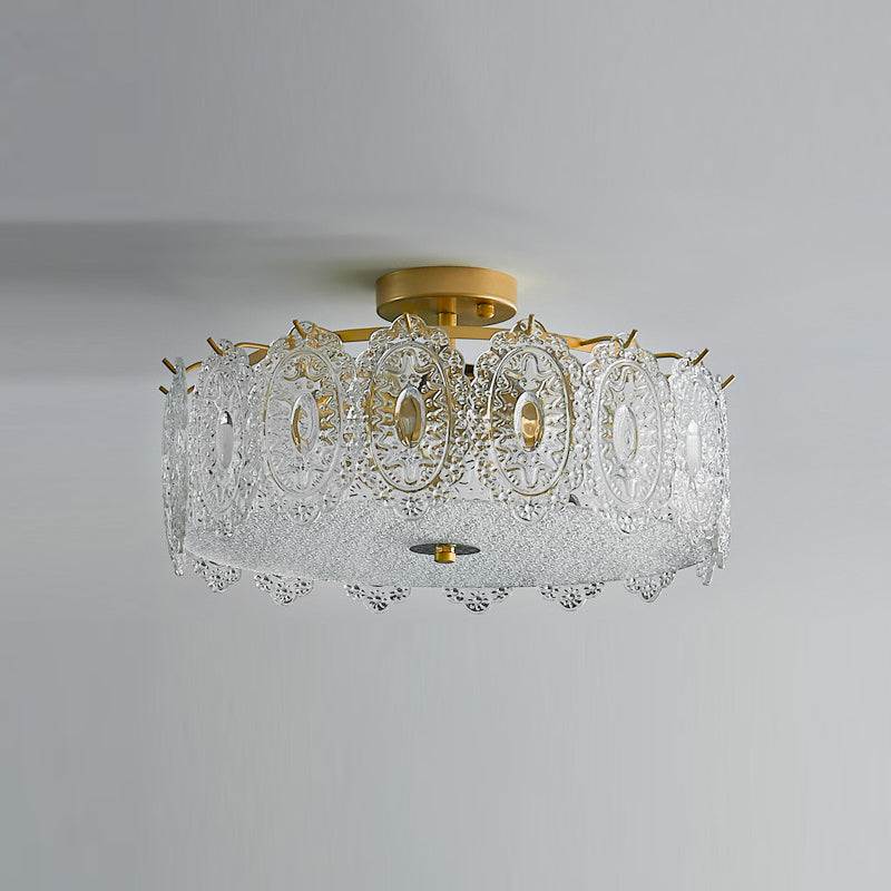 Simple-Style Semi Flush Mount Light Gold Drum Ceiling Mount Lighting with Glass Shade