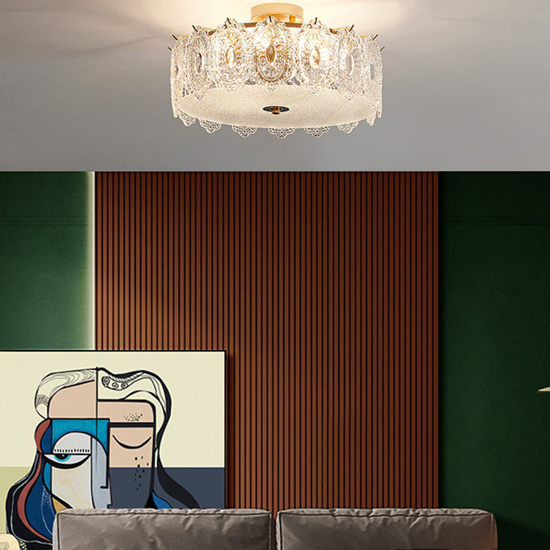 Simple-Style Semi Flush Mount Light Gold Drum Ceiling Mount Lighting with Glass Shade