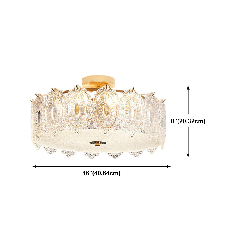 Simple-Style Semi Flush Mount Light Gold Drum Ceiling Mount Lighting with Glass Shade
