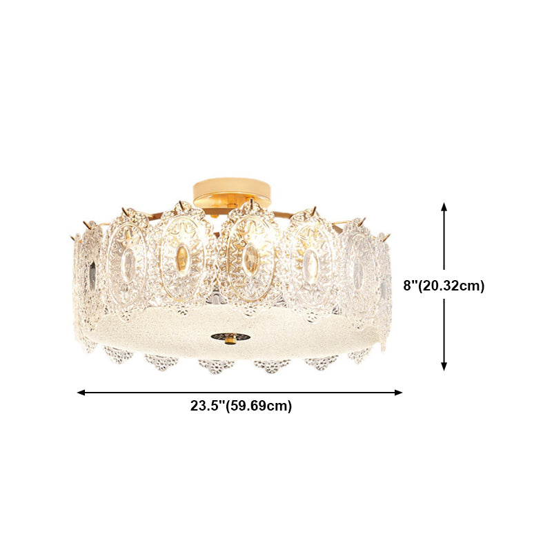 Simple-Style Semi Flush Mount Light Gold Drum Ceiling Mount Lighting with Glass Shade